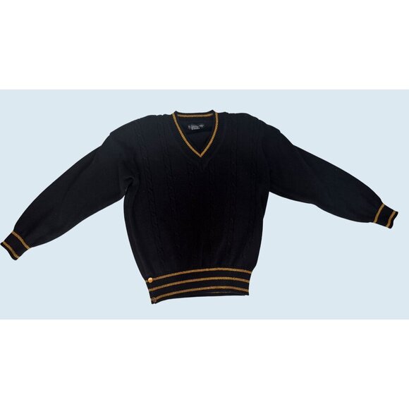 Vintage COUNTERPARTS Black Cable Knit Gold Trim V Neck Sweater 80s / 90s Size M - Picture 2 of 8